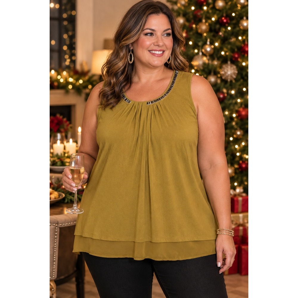 Alfani Womens Embellished Neck Layered Tank Top 2X Gold Pleated Blouse